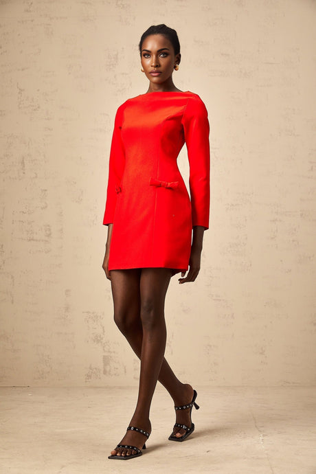 Greta Mini Dress - Bateau Neck - Long Sleeves - Bowknot Detailing - Fitted Waistline - Flared Skirt