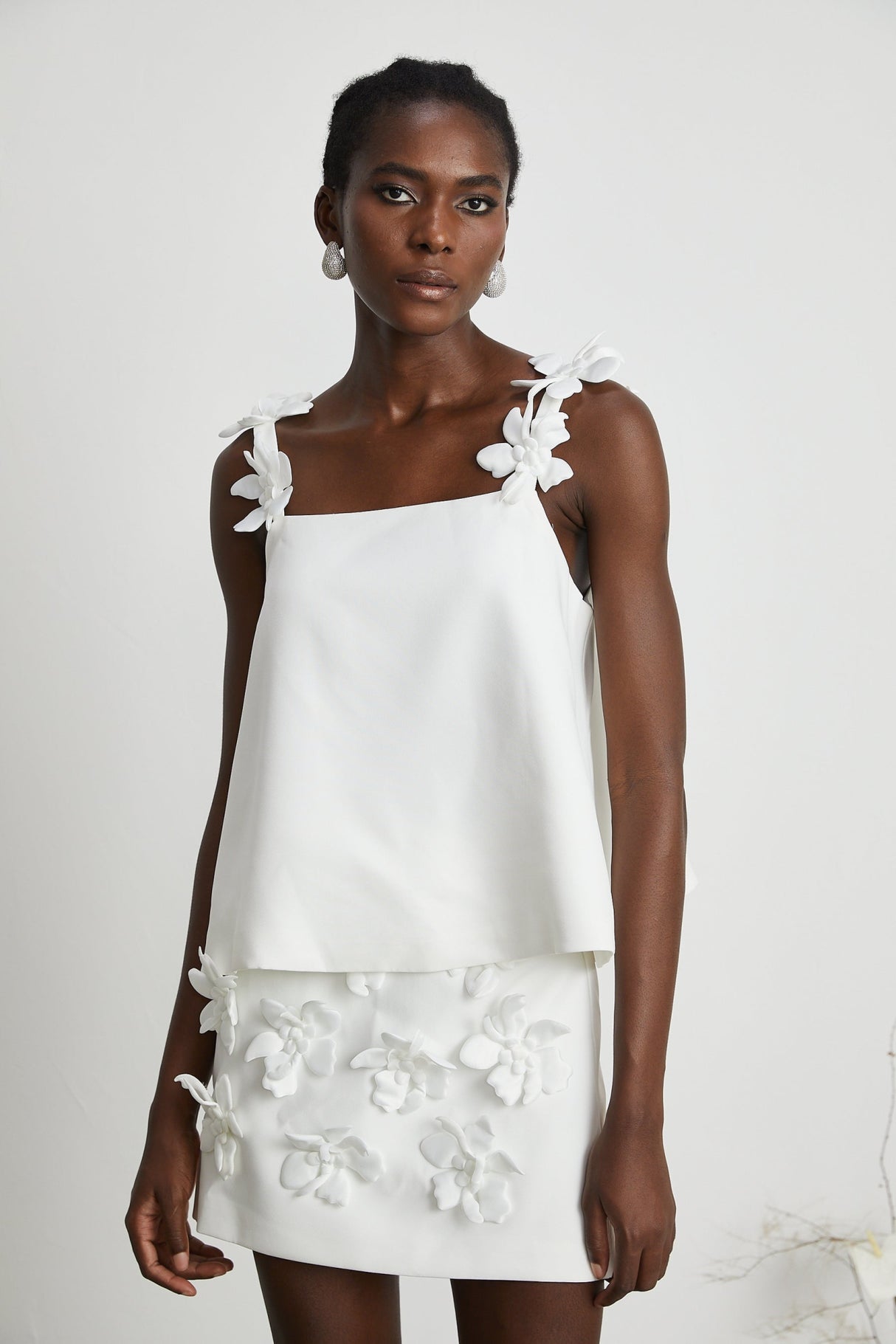 Greta Skirt & Top Set - Square Neck - Sleeveless - Faux - floral embellishment - Thigh length