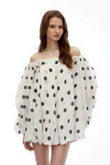 Gudrun White Off Shoulder Polka Dot Mini Dress