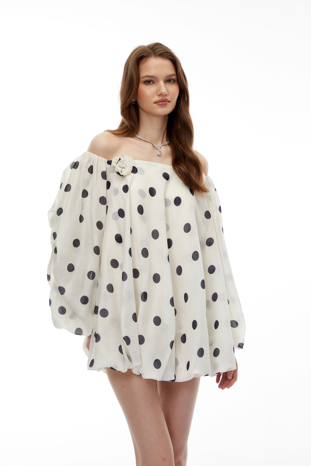 Gudrun White Off Shoulder Polka Dot Mini Dress