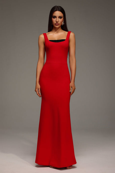 Guenda Red Maxi Dress Squared Neckline Form-Fitting Elegant