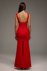 Guenda Red Maxi Dress Squared Neckline Form-Fitting Elegant