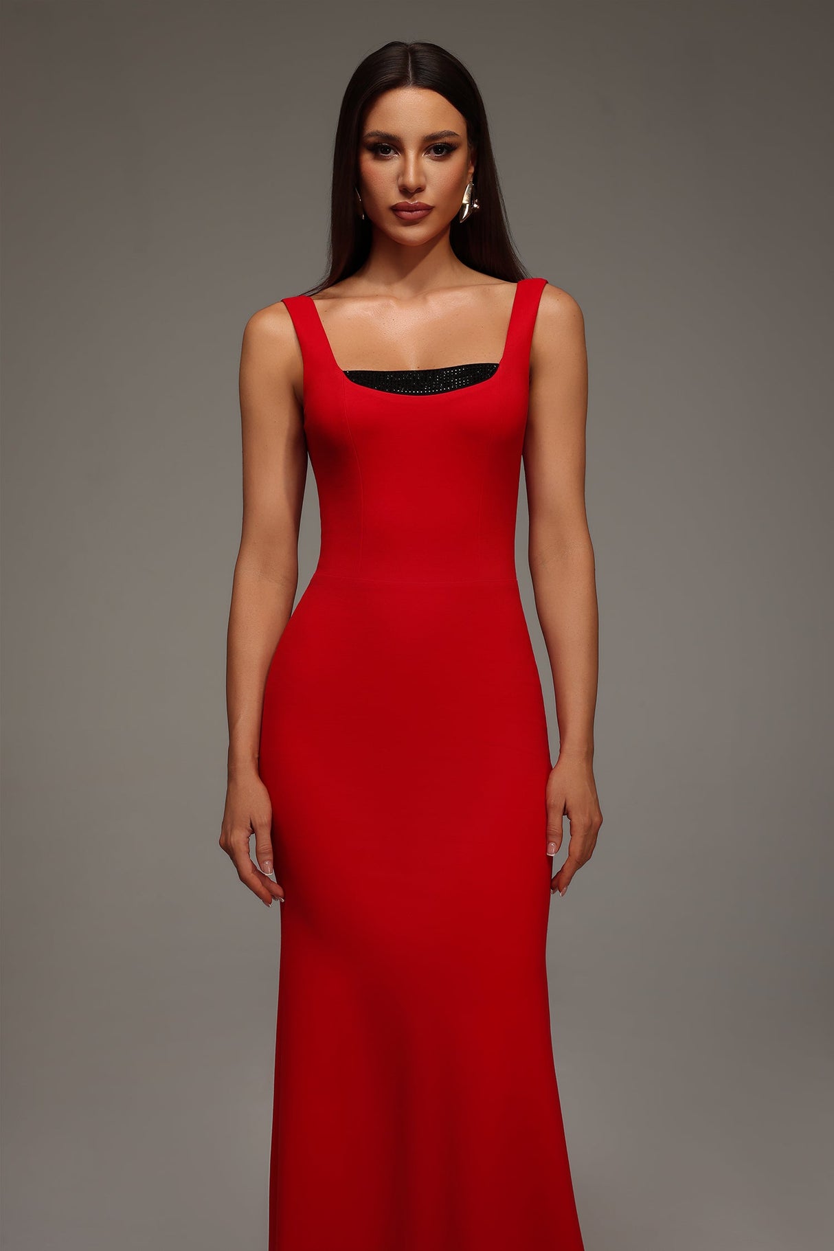 Guenda Red Maxi Dress with Squared Neckline for Formal Occasions or Night Out