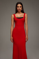Guenda Red Maxi Dress with Squared Neckline for Formal Occasions or Night Out
