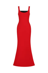Guenda Red Maxi Dress Squared Neckline Form-Fitting Elegant