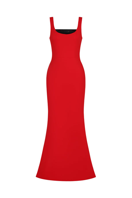 Guenda Red Maxi Dress Squared Neckline Form-Fitting Elegant