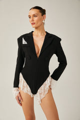 Guendalina Blazer - Plunging V - neck - Wide peak lapels - Lace panelling - Shoulder pads