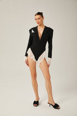 Guendalina Blazer - Plunging V - neck - Wide peak lapels - Lace panelling - Shoulder pads