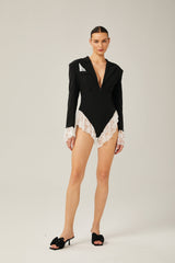 Guendalina Blazer - Plunging V - neck - Wide peak lapels - Lace panelling - Shoulder pads