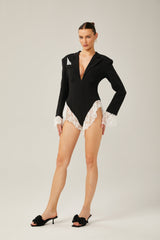 Guendalina Blazer - Plunging V - neck - Wide peak lapels - Lace panelling - Shoulder pads