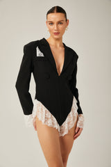 Guendalina Blazer - Plunging V - neck - Wide peak lapels - Lace panelling - Shoulder pads