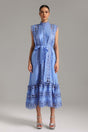 Guendalina Blue Lace Sleeveless Dress High Neckline Midi Length Tie Waist Elegant Sophisticated Versatile Chic Accessories Contemporary Sophistication Graceful Fabric Flattering Silhouette Fashion-forward Individual Formal Events Casual Outings American English SEO Optimized Image Alt Text