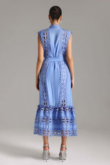 Guendalina Blue Lace Sleeveless Dress High Neckline Tie Waist Midi Length Elegant Chic Fashion