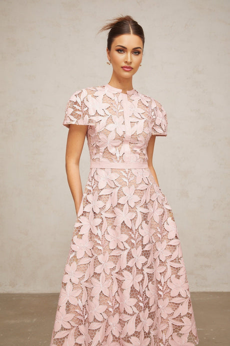 Guendalina Midi Dress - Round Neck - Short Sleeves - Cinched Waist - Guipure Lace