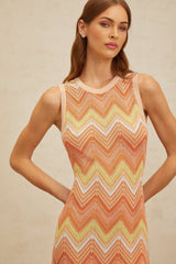 Guendalina Midi Dress - Sleeveless - Chevron Knit - Side Slit - Fitted Silhouette - Metallic Fibers