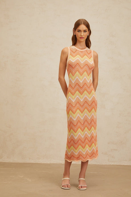 Guendalina Midi Dress - Sleeveless - Chevron Knit - Side Slit - Fitted Silhouette - Metallic Fibers