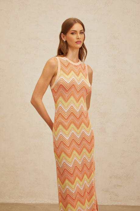 Guendalina Midi Dress - Sleeveless - Chevron Knit - Side Slit - Fitted Silhouette - Metallic Fibers