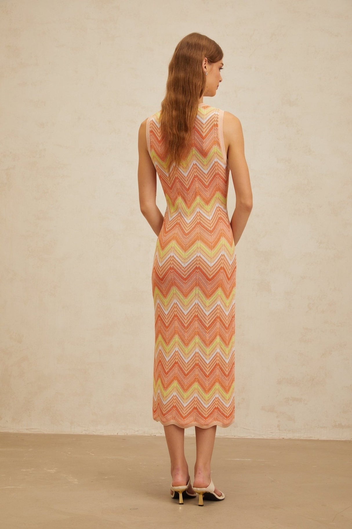 Guendalina Midi Dress - Sleeveless - Chevron Knit - Side Slit - Fitted Silhouette - Metallic Fibers