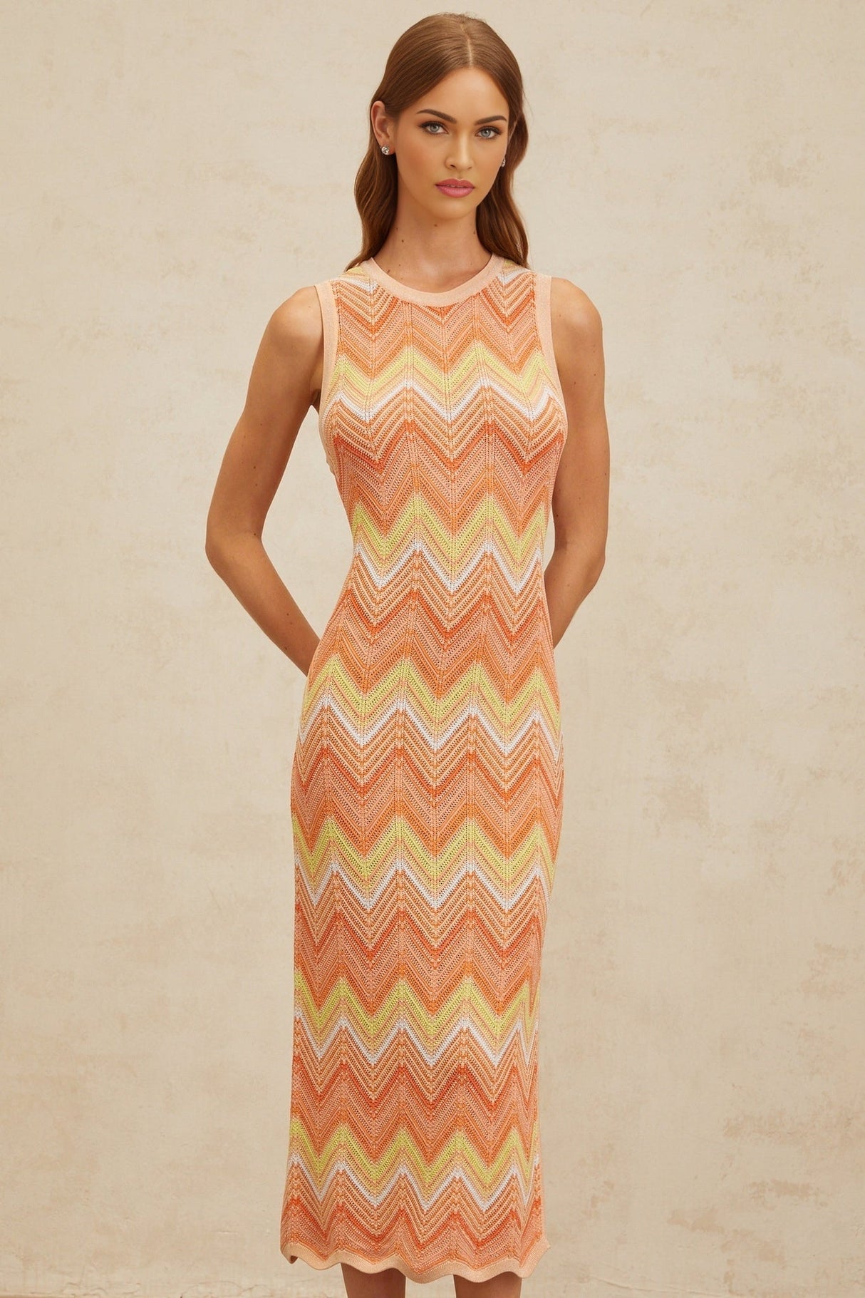 Guendalina Midi Dress - Sleeveless - Chevron Knit - Side Slit - Fitted Silhouette - Metallic Fibers