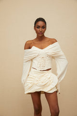 Guendalina Mini Skirt - Neutral Tones - Ruched Detailing - Floral Appliqué - Button Fastening - Thigh Length