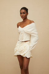 Guendalina Mini Skirt - Neutral Tones - Ruched Detailing - Floral Appliqué - Button Fastening - Thigh Length