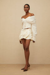 Guendalina Mini Skirt - Neutral Tones - Ruched Detailing - Floral Appliqué - Button Fastening - Thigh Length