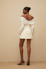 Guendalina Mini Skirt - Neutral Tones - Ruched Detailing - Floral Appliqué - Button Fastening - Thigh Length