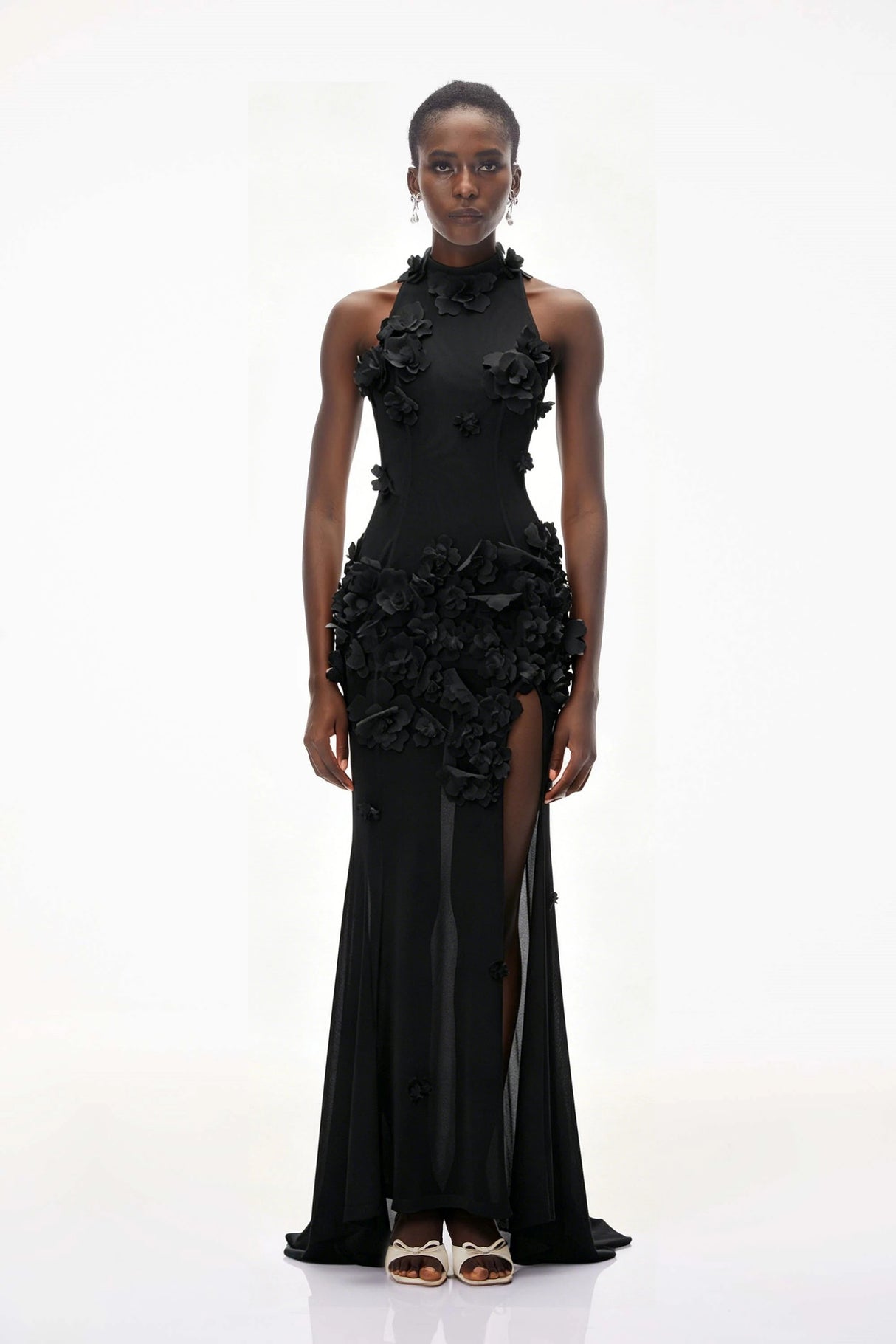 Guinevere Black Halterneck Maxi Dress with 3D Florals