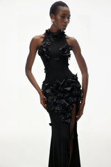 Guinevere Black Halterneck Maxi Dress with 3D Florals