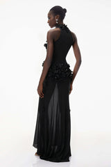 Guinevere Black Halterneck Maxi Dress with 3D Florals