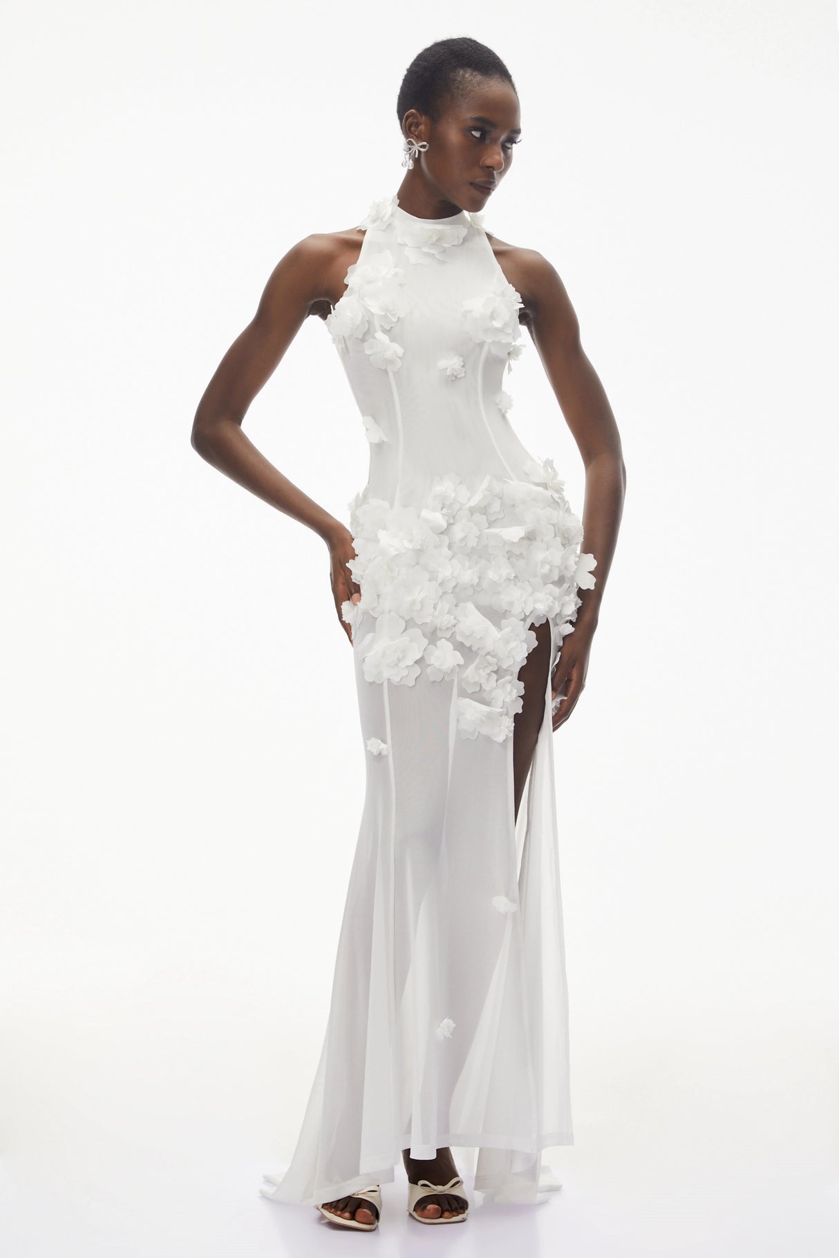 Guinevere White Halterneck Maxi Dress with 3D Florals