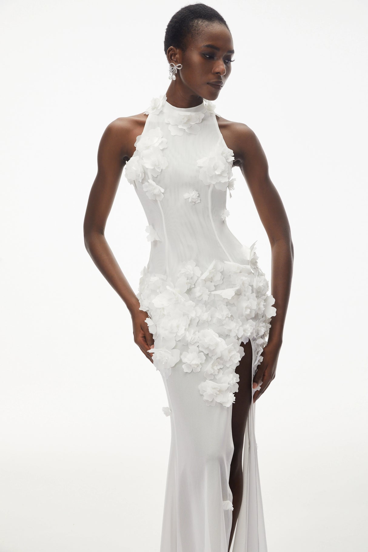 Guinevere White Halterneck Maxi Dress with 3D Florals