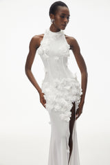 Guinevere White Halterneck Maxi Dress with 3D Florals