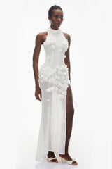 Guinevere White Halterneck Maxi Dress with 3D Florals