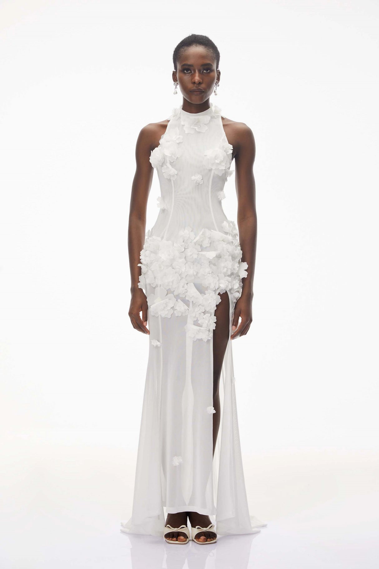 Guinevere White Halterneck Maxi Dress with 3D Florals