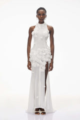 Guinevere White Halterneck Maxi Dress with 3D Florals
