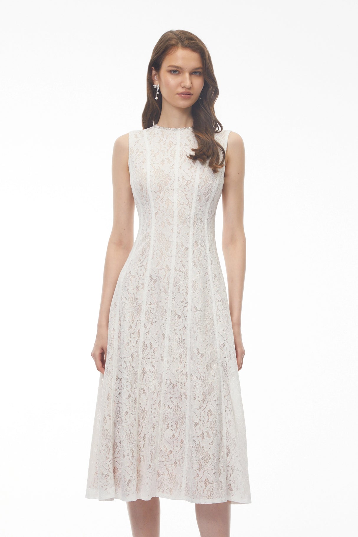 Guinevere White Sleeveless Floral Lace Midi Dress