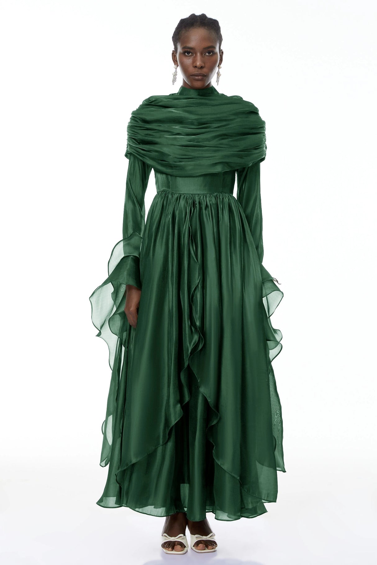 Gustave Green Ruched Cape Ruffled Maxi Dress