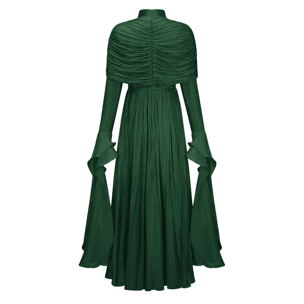 Gustave Green Ruched Cape Ruffled Maxi Dress