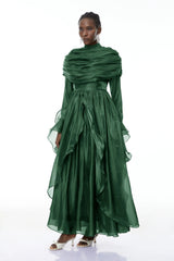 Gustave Green Ruched Cape Ruffled Maxi Dress