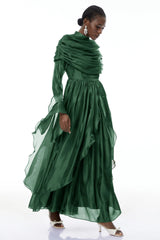 Gustave Green Ruched Cape Ruffled Maxi Dress