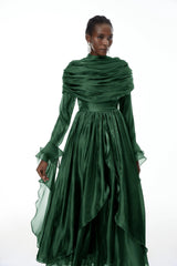 Gustave Green Ruched Cape Ruffled Maxi Dress