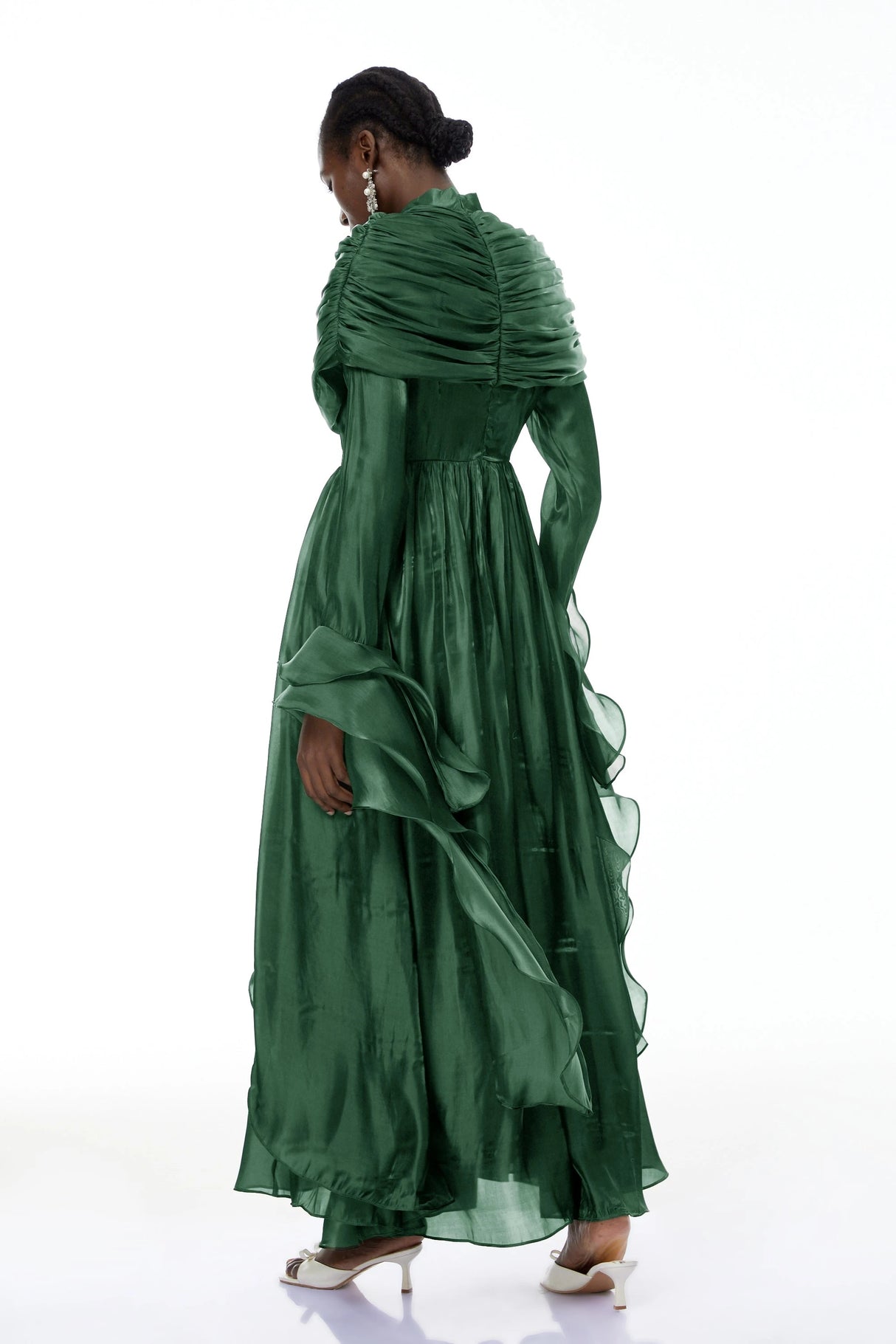 Gustave Green Ruched Cape Ruffled Maxi Dress