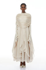 Gustave Neutral Ruched Cape Ruffled Maxi Dress