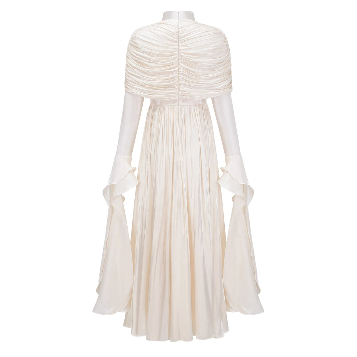 Gustave Neutral Ruched Cape Ruffled Maxi Dress