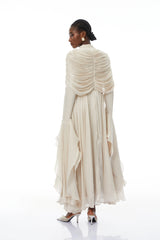 Gustave Neutral Ruched Cape Ruffled Maxi Dress
