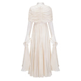 Gustave Neutral Ruched Cape Ruffled Maxi Dress