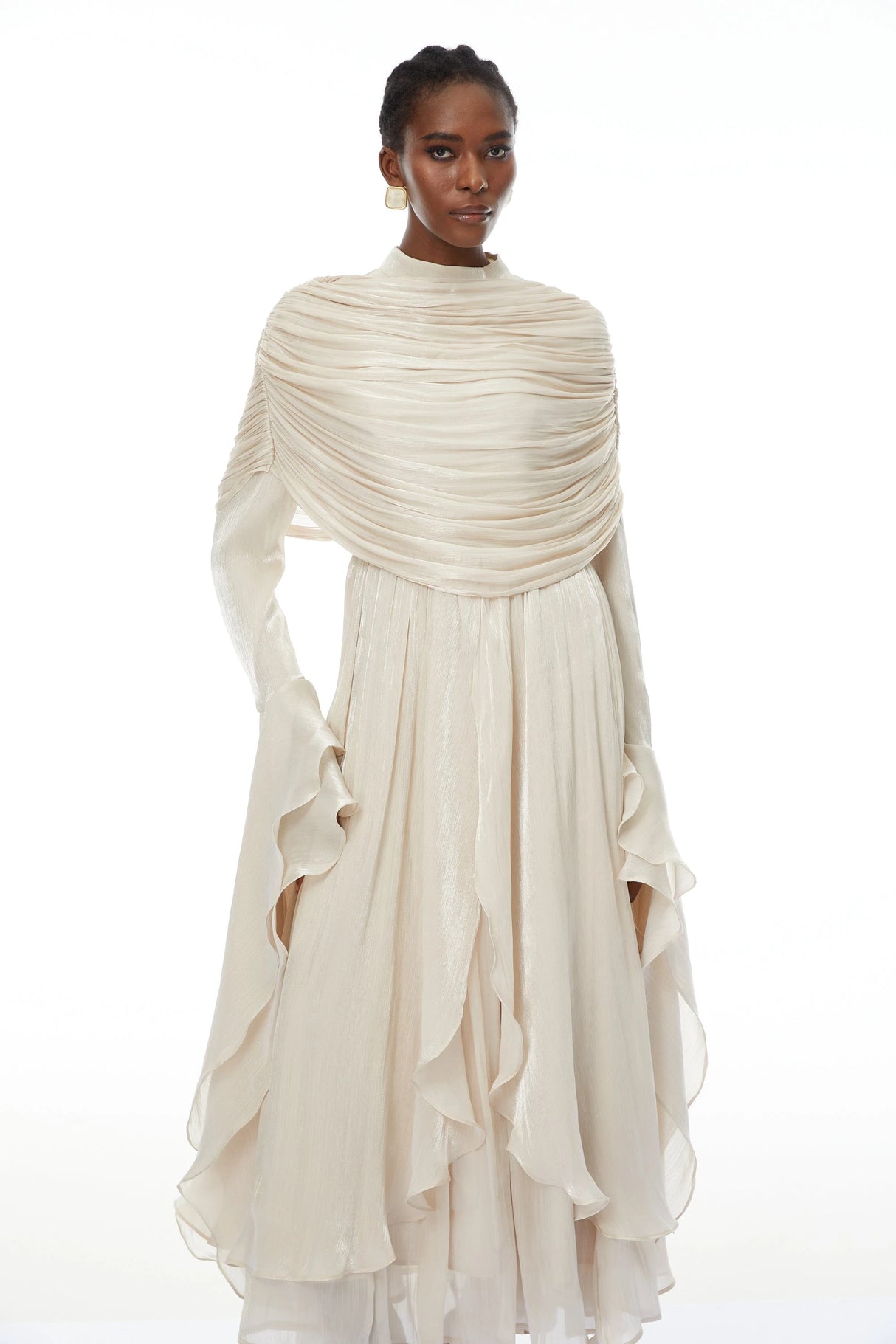 Gustave Neutral Ruched Cape Ruffled Maxi Dress