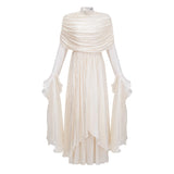 Gustave Neutral Ruched Cape Ruffled Maxi Dress
