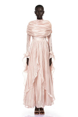 Gustave Pink Ruched Cape Ruffled Maxi Dress